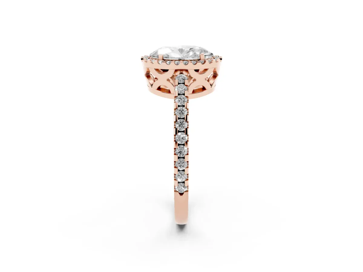 Oval Cut Diamond Halo Engagement Ring with Pavé Band and Prong Setting Rose gold