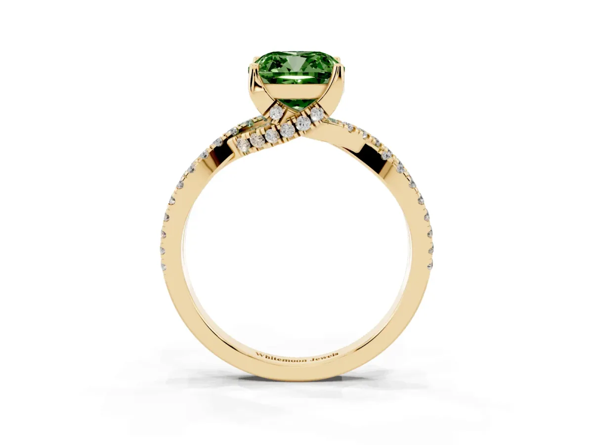 Fancy Green Cushion Cut Solitaire Twist Pave Diamond Engagement Ring with Prong Setting Yellow gold