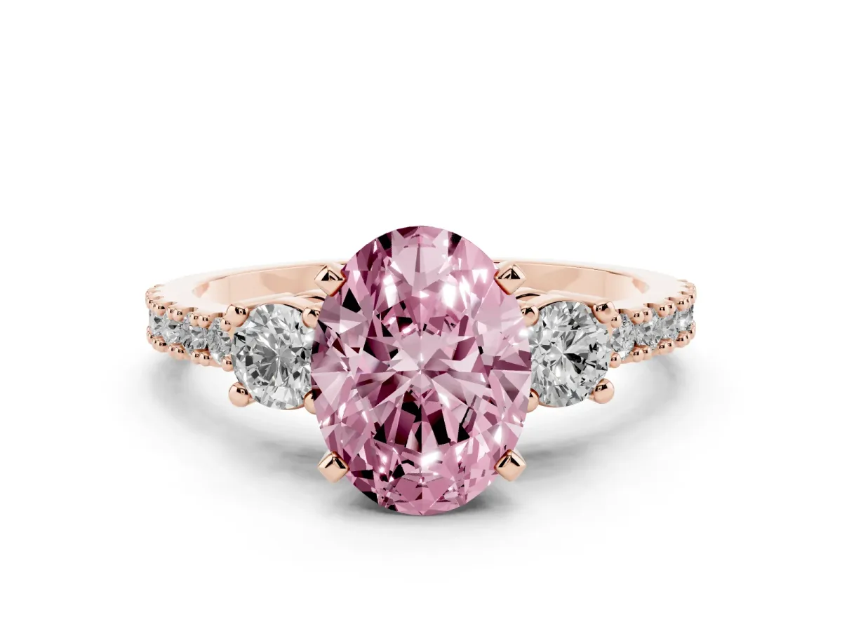 Fancy Pink Oval Cut Three-Stone Diamond Pavé Band with Prong Setting Rose gold