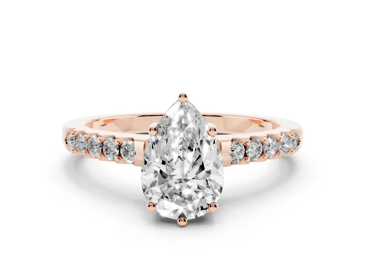Pear Cut Solitaire Diamond Engagement Ring with Pavé Band and Six-Prong Setting Rose gold