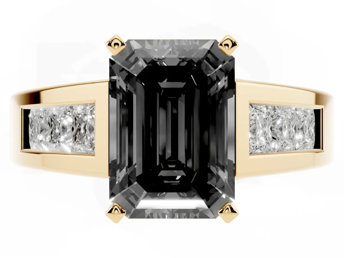 Fancy Black Emerald Cut Cut Channel Set Solitaire Ring with Four-Prong Setting Yellow gold