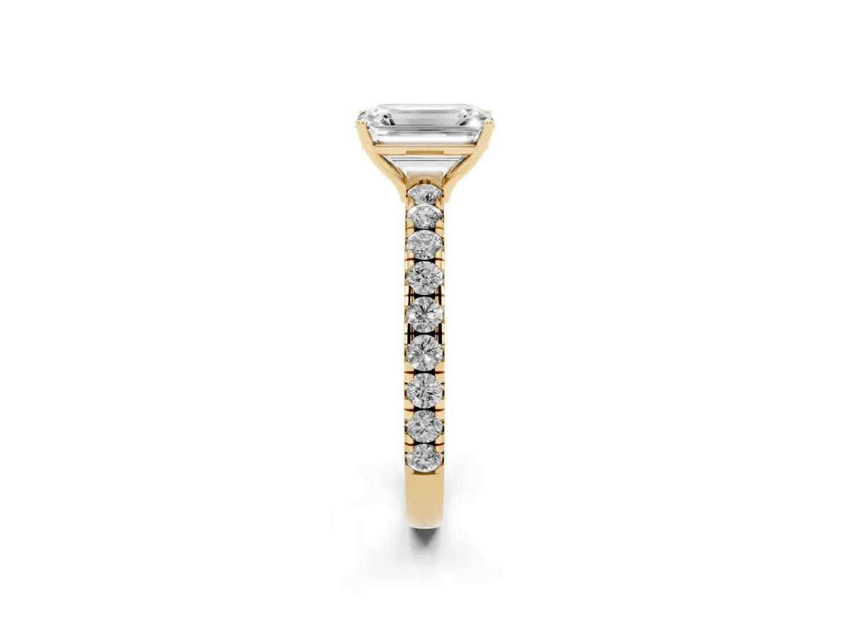 Emerald Cut Diamond Pavé Solitaire Engagement Ring with Four-Prong Setting Yellow gold