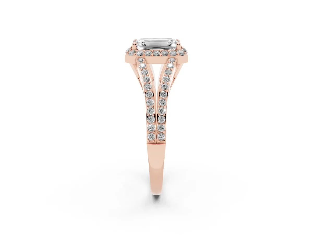 Emerald Cut Halo Split Shank Pave Diamond Ring with Four-Prong Setting Rose gold
