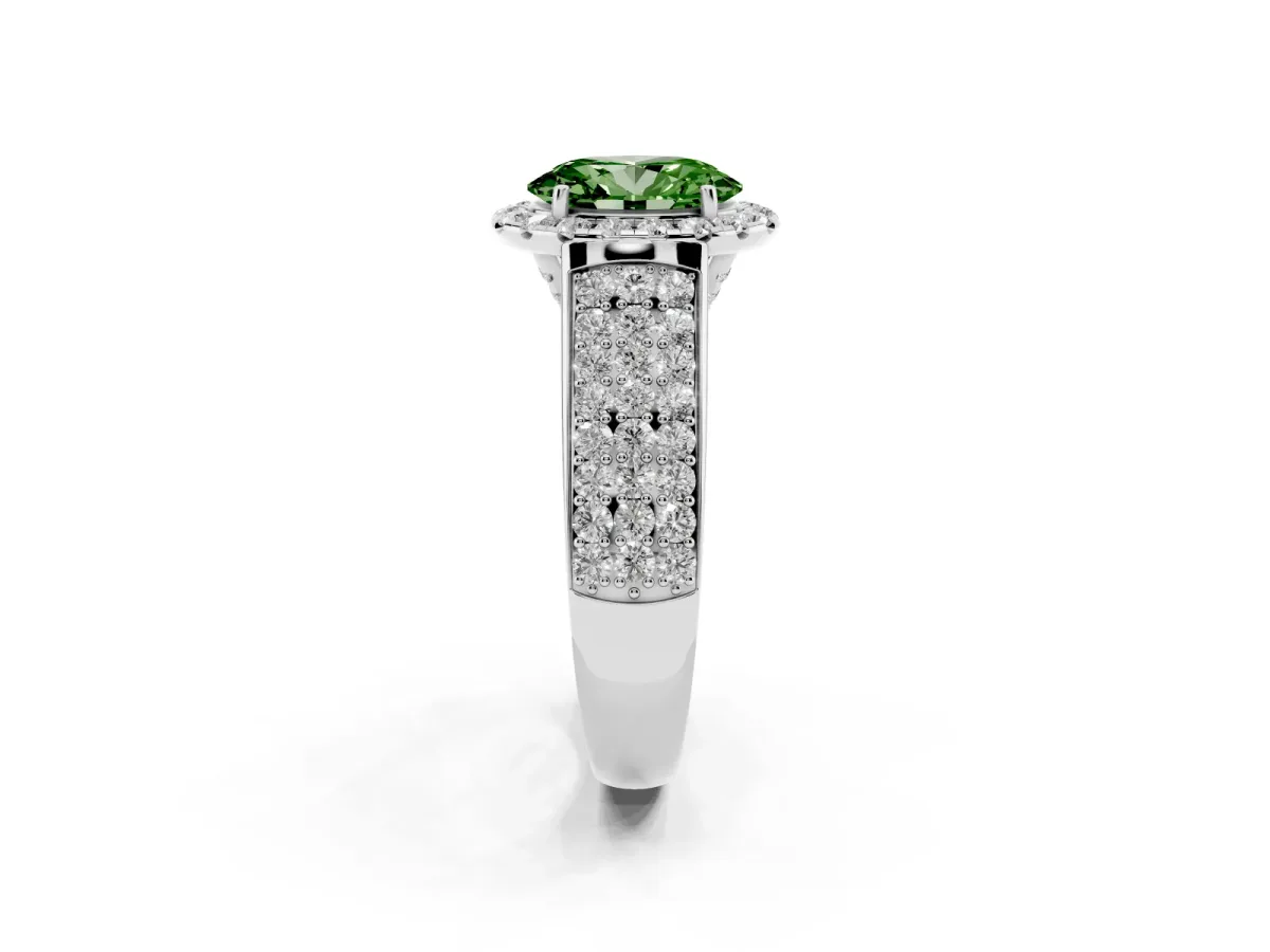 Fancy Green Oval Cut Halo Round Diamond Pave Band with Prong Setting Silver