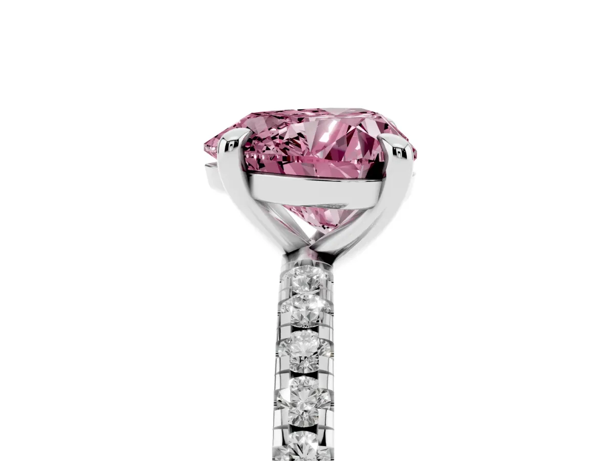 Fancy Pink Heart Cut Diamond Brilliant Solitaire Ring with Pavé Band and Four-Prong Setting Platinum