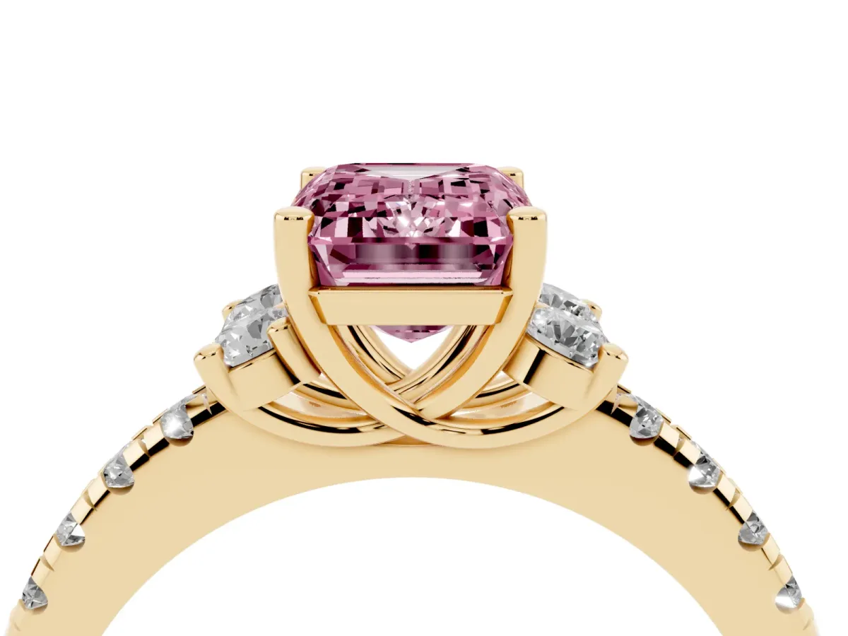 Fancy Pink Emerald Cut Diamond Three-Stone Pave Band with Four-Prong Setting Yellow gold