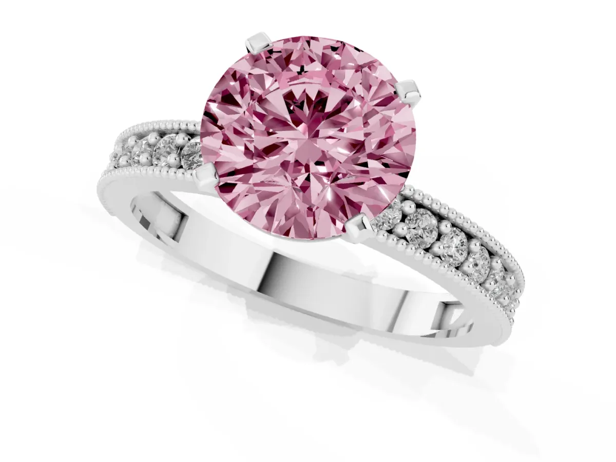 Fancy Pink Round Cut Diamond Milgrain Pavé Engagement Ring with Four-Prong Setting Silver
