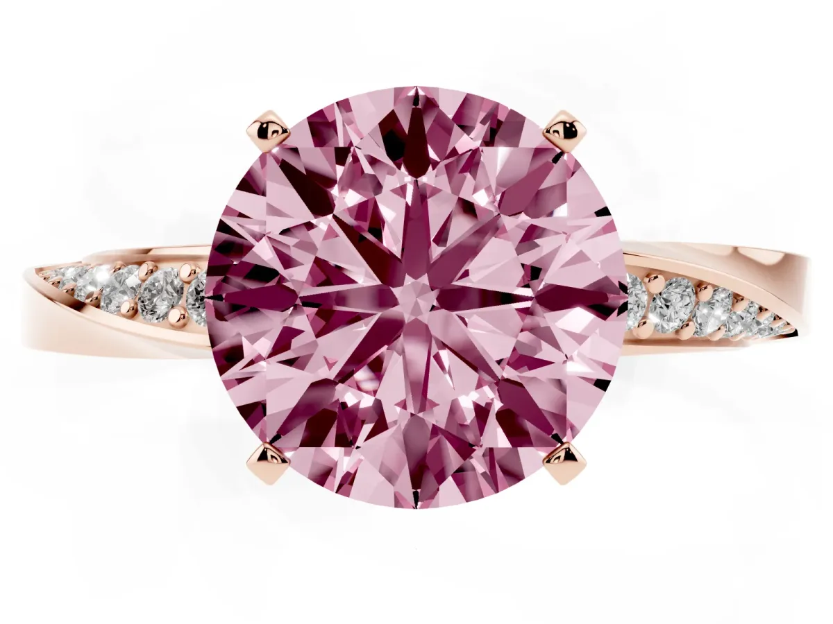 Fancy Pink Round Cut Diamond Engagement Ring with Side Stone Accents and Four-Prong Setting Rose gold