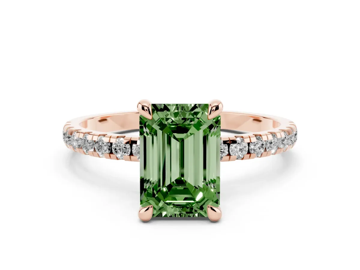 Fancy Green Emerald Cut Diamond Brilliant Solitaire Ring with Pavé Band and Four-Prong Setting Rose gold