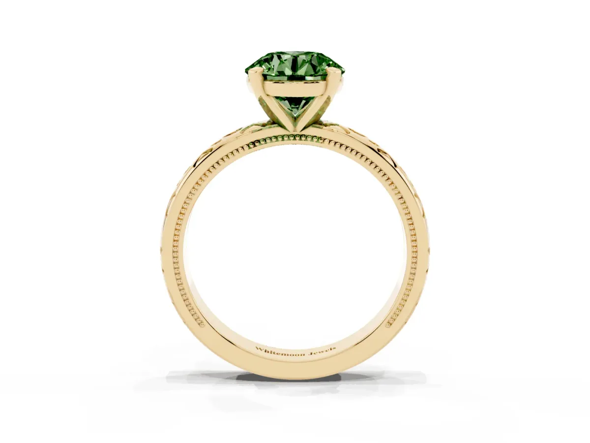 Fancy Green Round Cut Solitaire Engagement Ring with Scrollwork Band and Four-Prong Setting Yellow gold