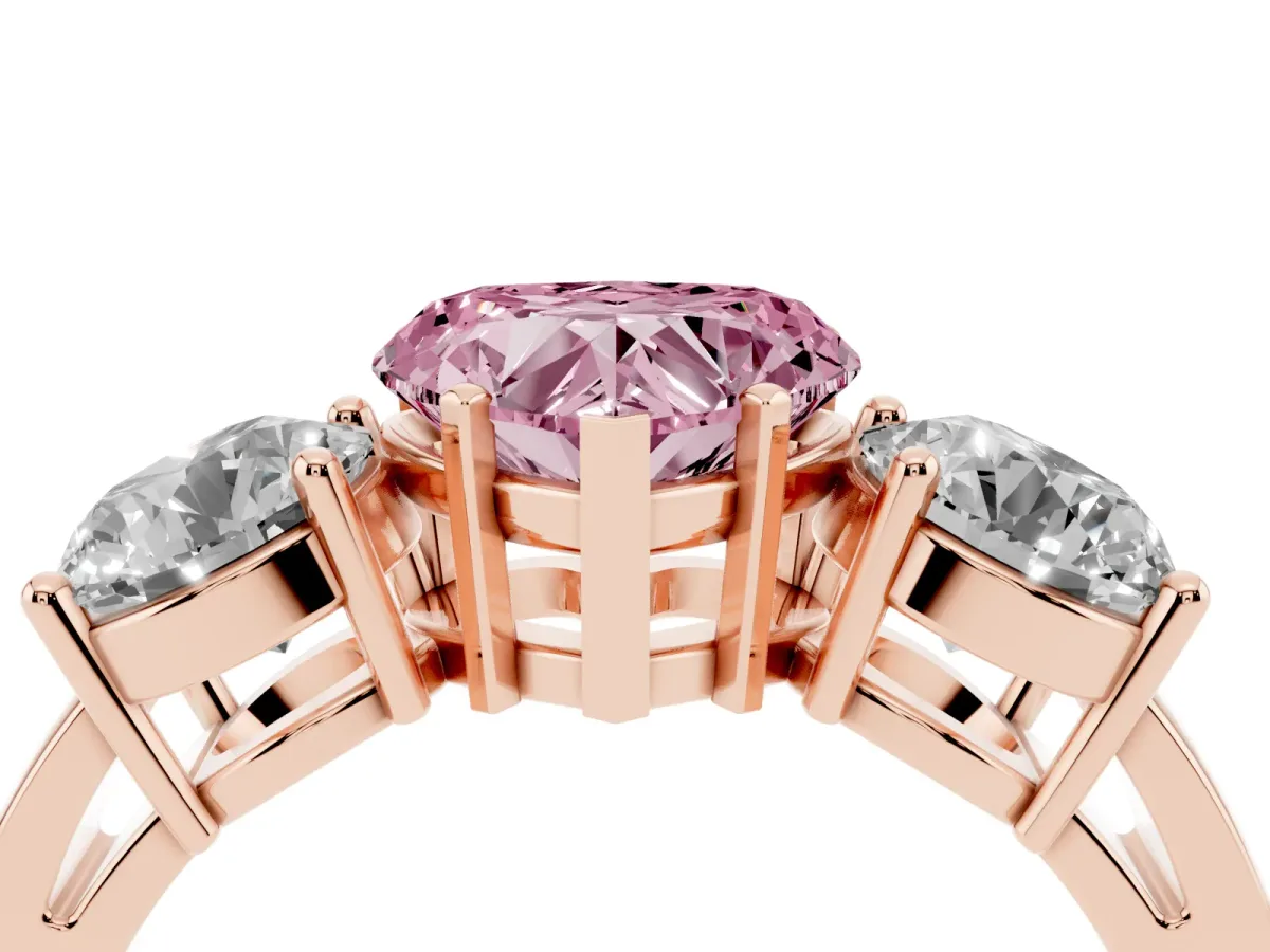 Fancy Pink Three-Stone Heart Cut Diamond Ring with Round Side Stones, Classic Band, and Four-Prong Setting Rose gold