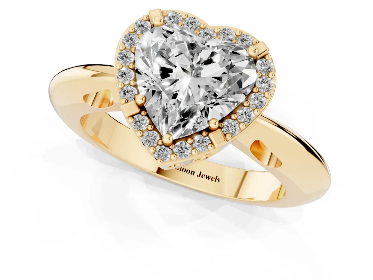 Heart Cut Cut Diamond Halo Engagement Ring with Split Shank and Four-Prong Setting Yellow gold