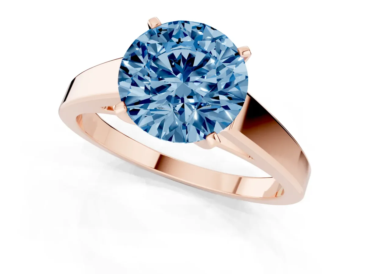 Fancy Blue Round Cut Solitaire Engagement Ring with Four-Prong Setting and Tapered Band Rose gold