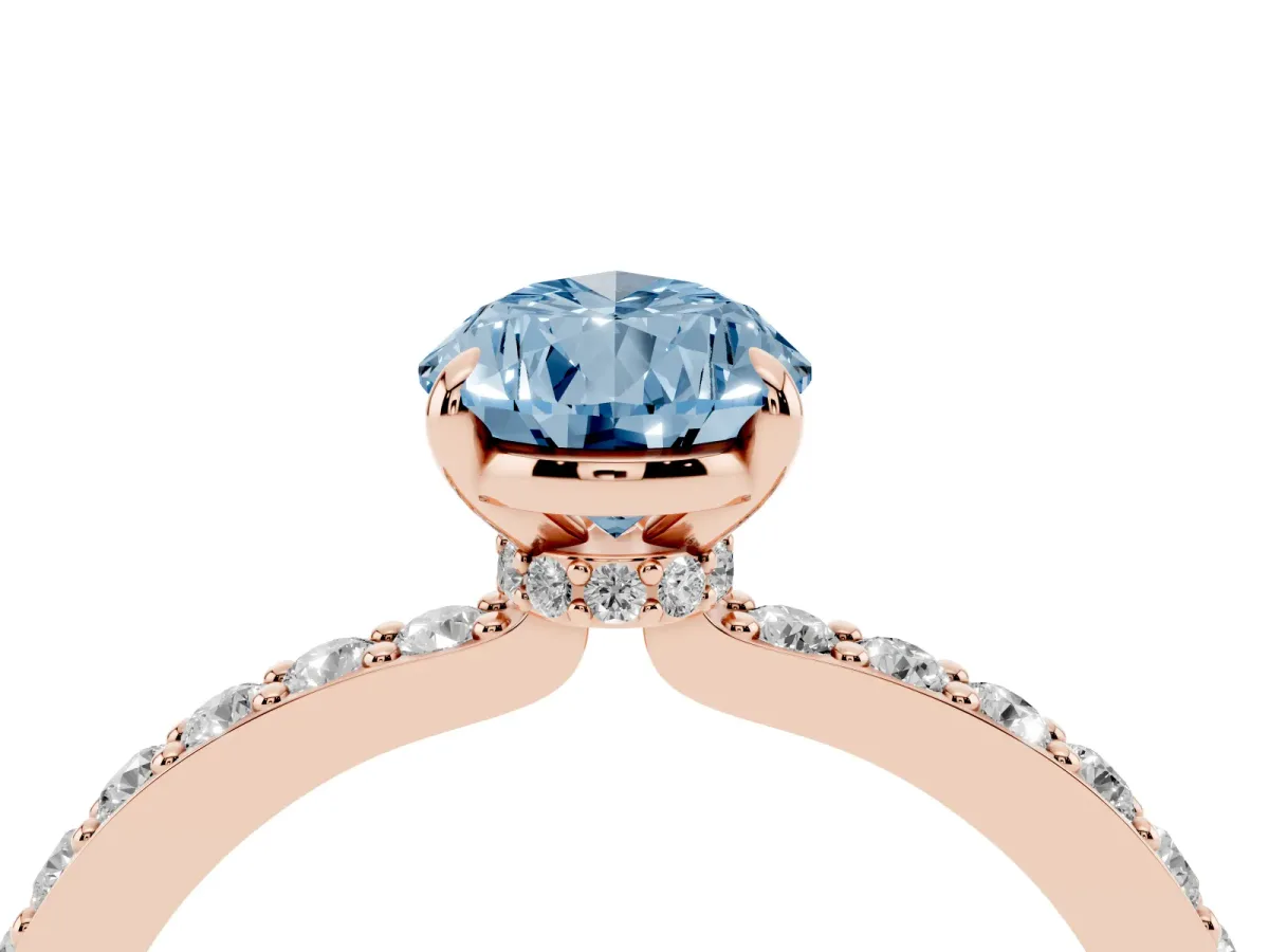 Fancy Blue Pear Cut Diamond Pavé Engagement Ring with Round Accents and Prong Setting Rose gold