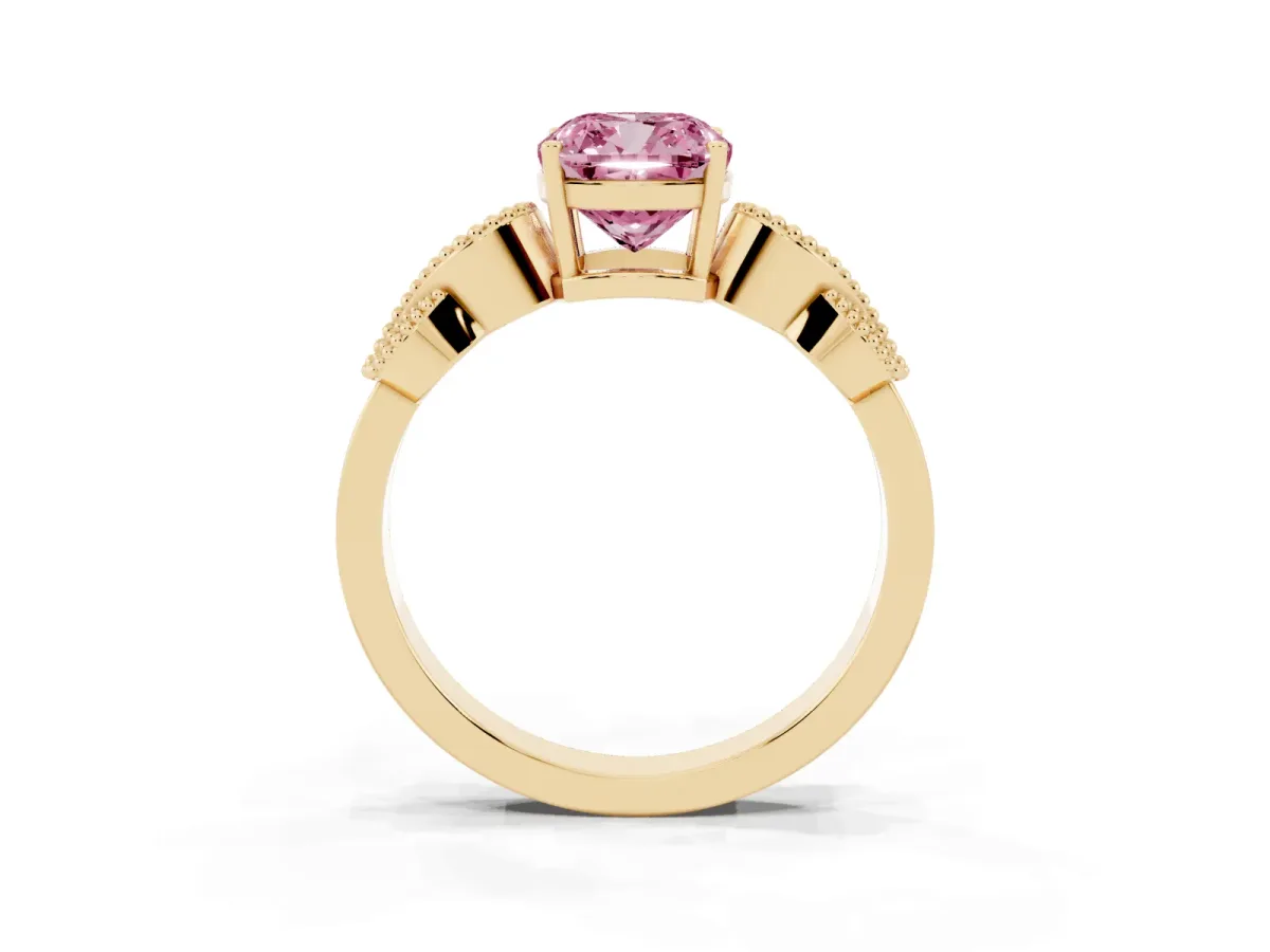 Fancy Pink Cushion Cut Solitaire Milgrain Leaf Band with Prong Setting Yellow gold
