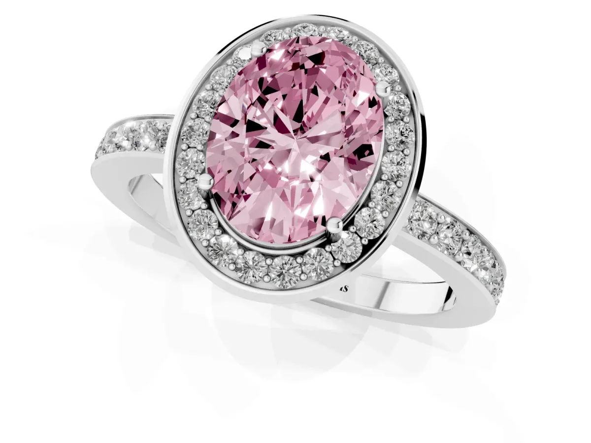 Fancy Pink Oval Cut Diamond Halo Ring with Bezel Frame and Pavé Band Silver
