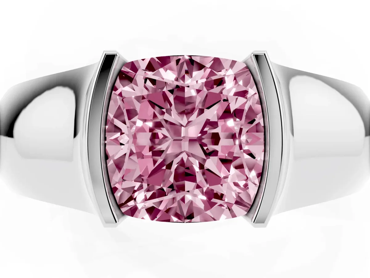 Fancy Pink Cushion Cut Solitaire Bezel Set Diamond Ring with Wide Band Silver