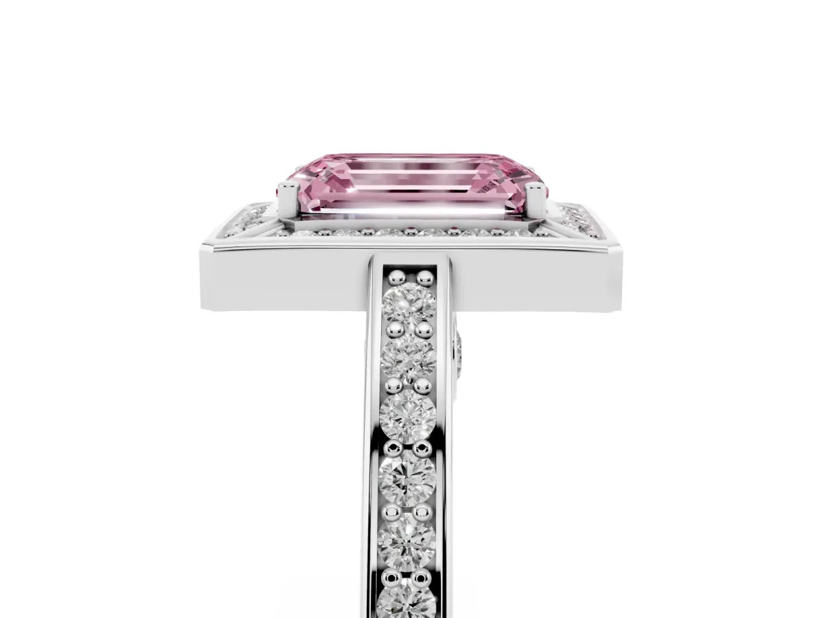 Fancy Pink Emerald Cut Cut Halo Pave Split Shank Prong Setting Ring Silver