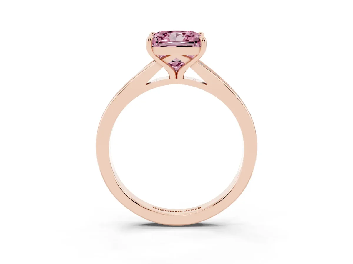 Fancy Pink Princess Cut Diamond Solitaire Ring with Pavé Band and Prong Setting Rose gold