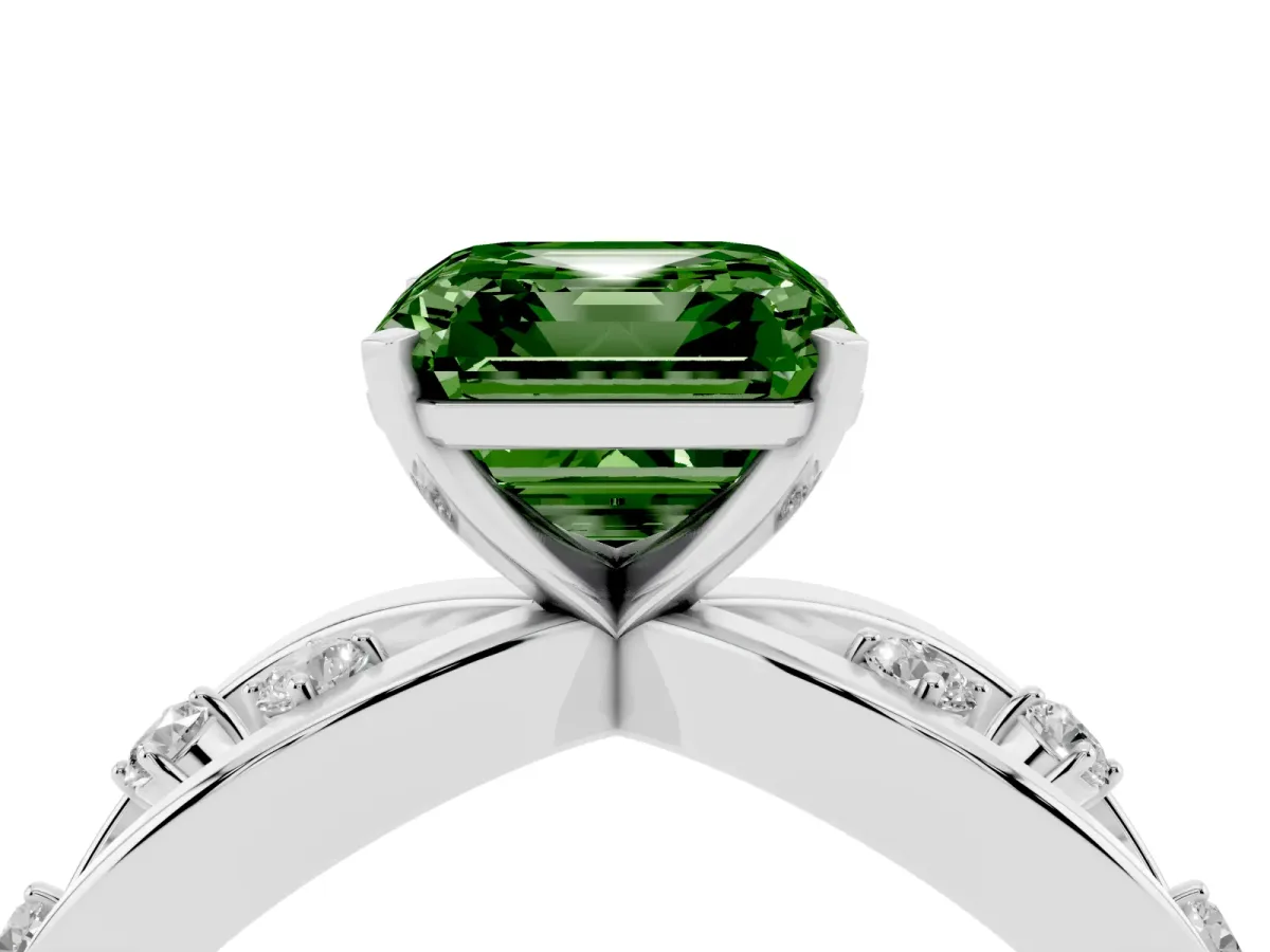 Fancy Green Asscher Cut Cut Solitaire Diamond with Side Stones on Criss-Cross Band and Four-Prong Setting Silver