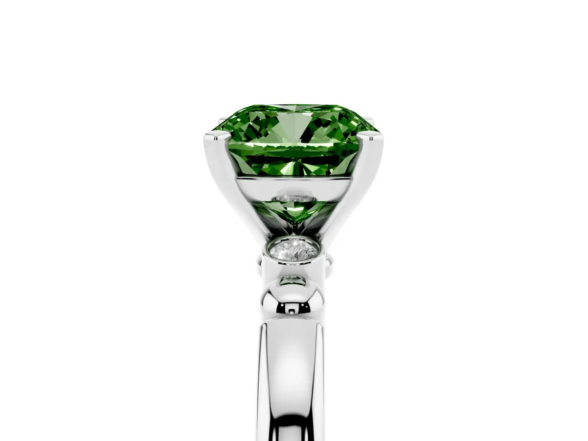 Fancy Green Cushion Cut Solitaire Beaded Band with Four-Prong Setting Silver
