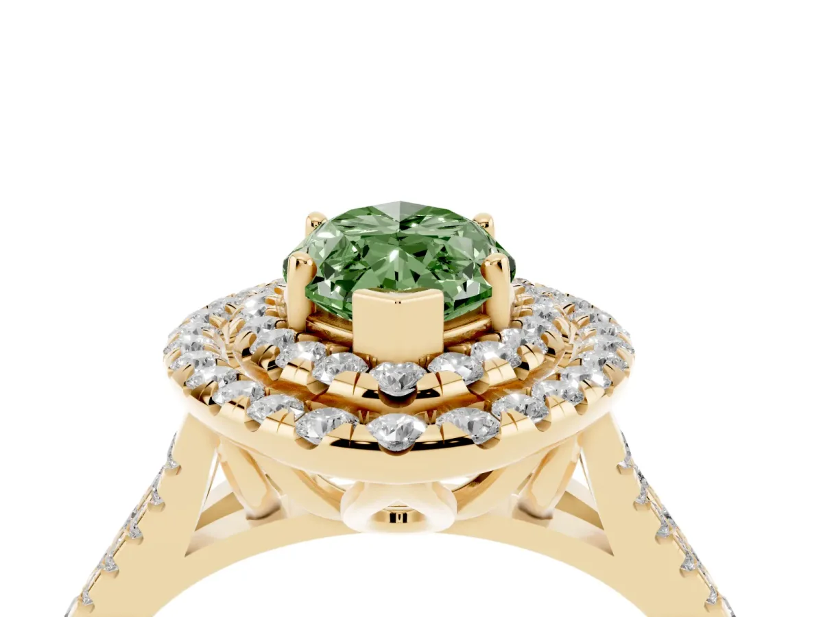 Fancy Green Double Halo Marquise Cut Diamond Pavé Split Shank Ring with Prong Setting Yellow gold