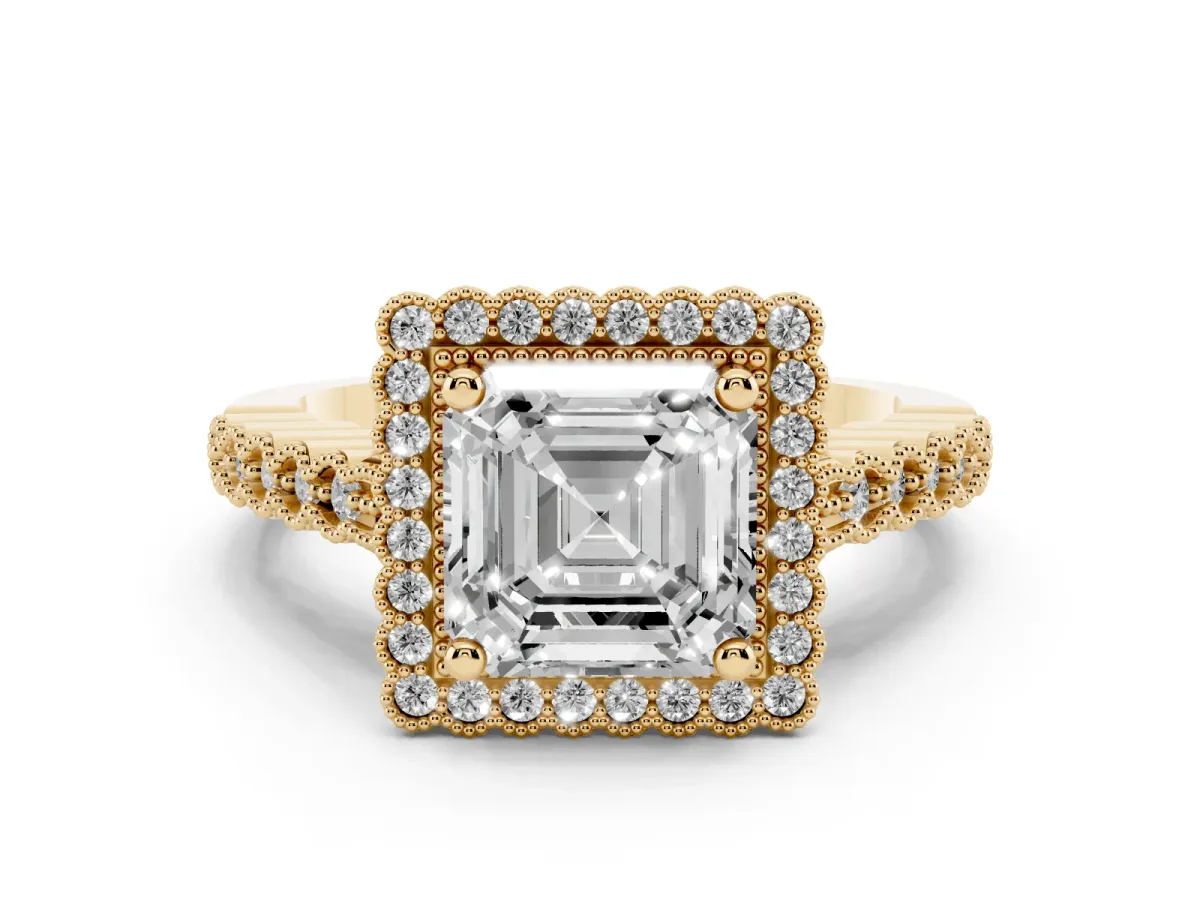 Asscher Cut Cut Halo Pavé Solitaire Ring with Milgrain Band Yellow gold
