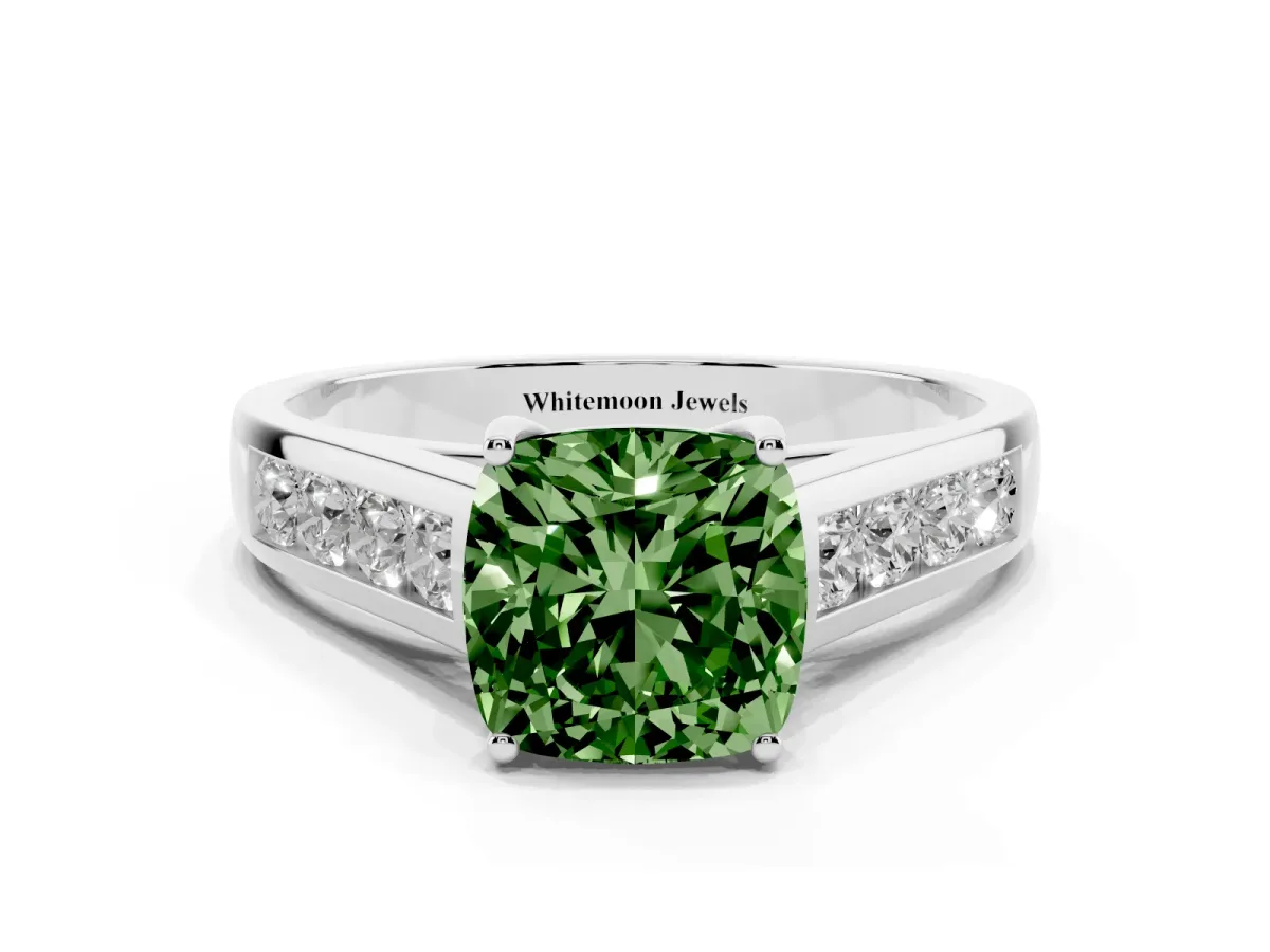 Fancy Green Cushion Cut Solitaire Channel-Set Diamond Engagement Ring with Four-Prong Setting Silver