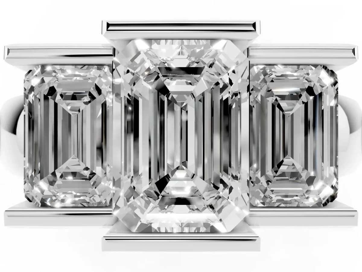 Three Stone Emerald Cut Cut Channel Set Diamond Ring Platinum