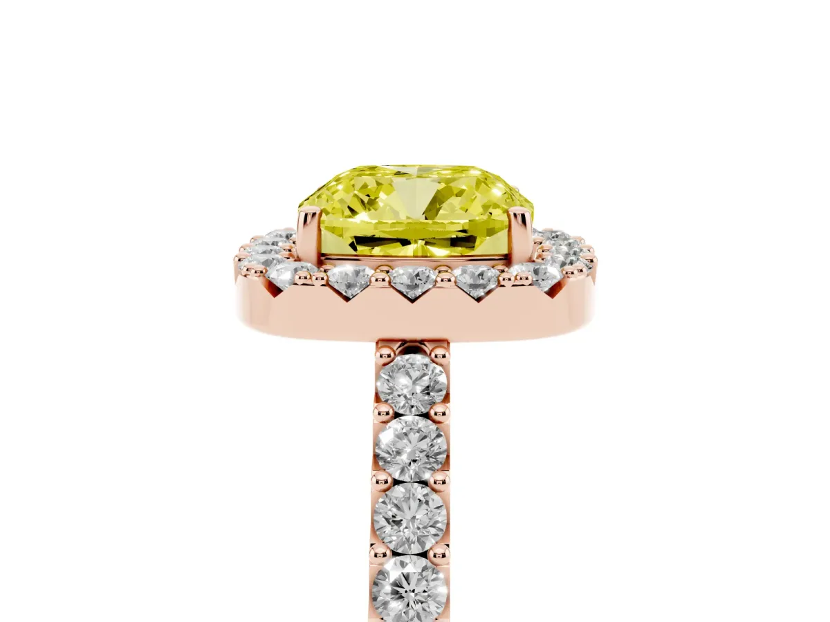 Fancy Yellow Cushion Cut Halo Diamond Pavé Solitaire Ring Rose gold