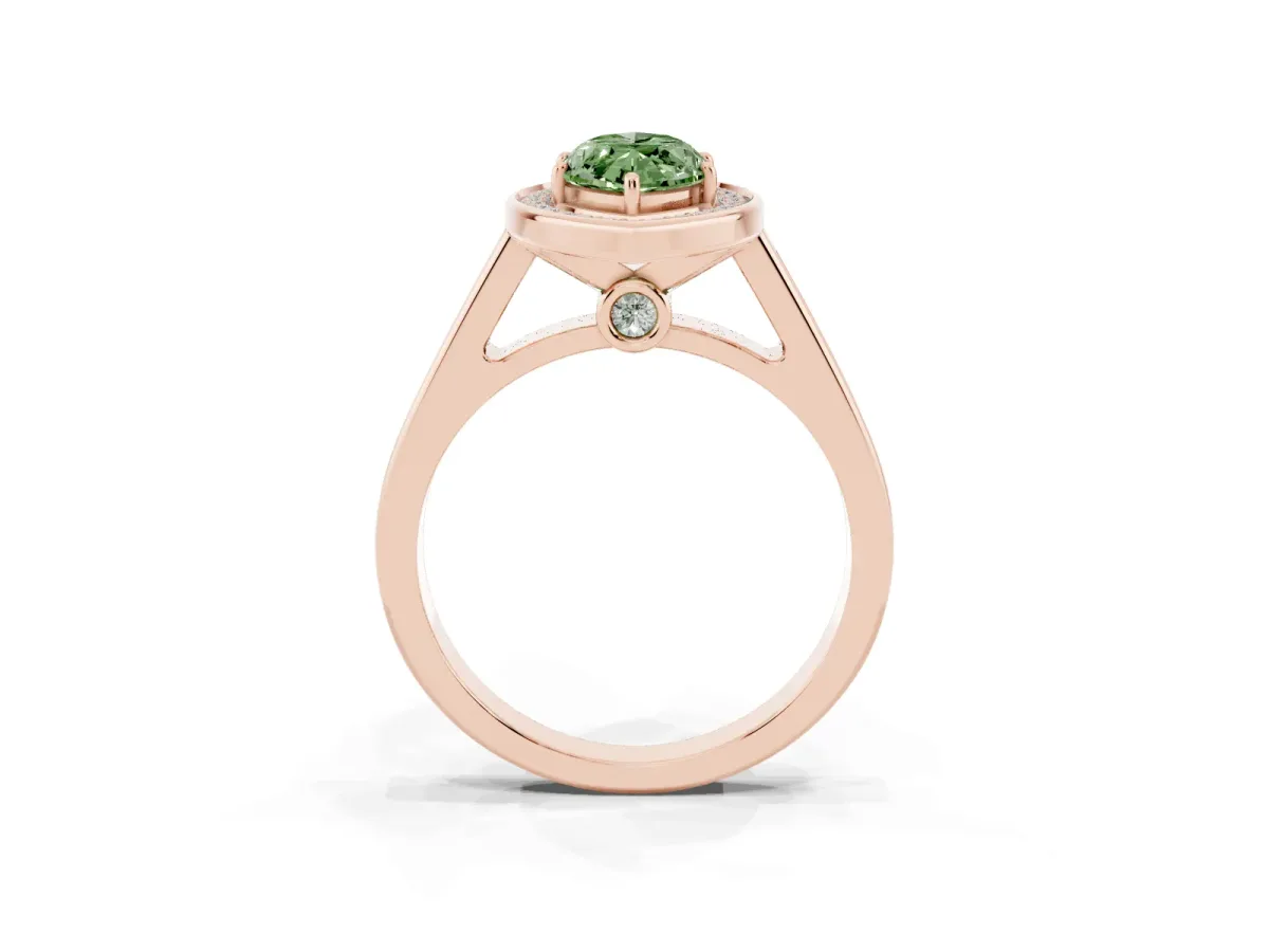 Fancy Green Marquise Cut Halo Solitaire Diamond Ring with Pave Band and Bezel Setting Rose gold