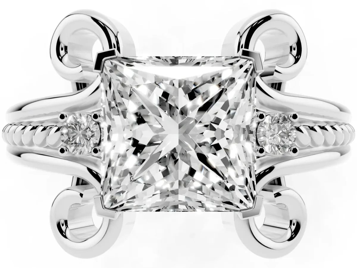 Princess Cut Solitaire Twisted Band Scroll Prong Ring Silver