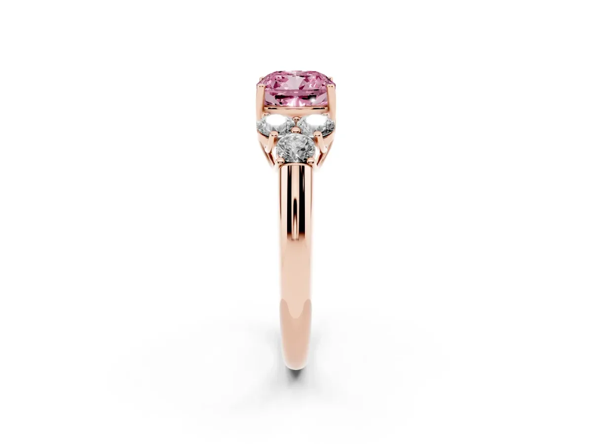 Fancy Pink Cushion Cut Cut Diamond Cluster Ring with Round Accent Stones and Prong Setting on a Classic Band Rose gold