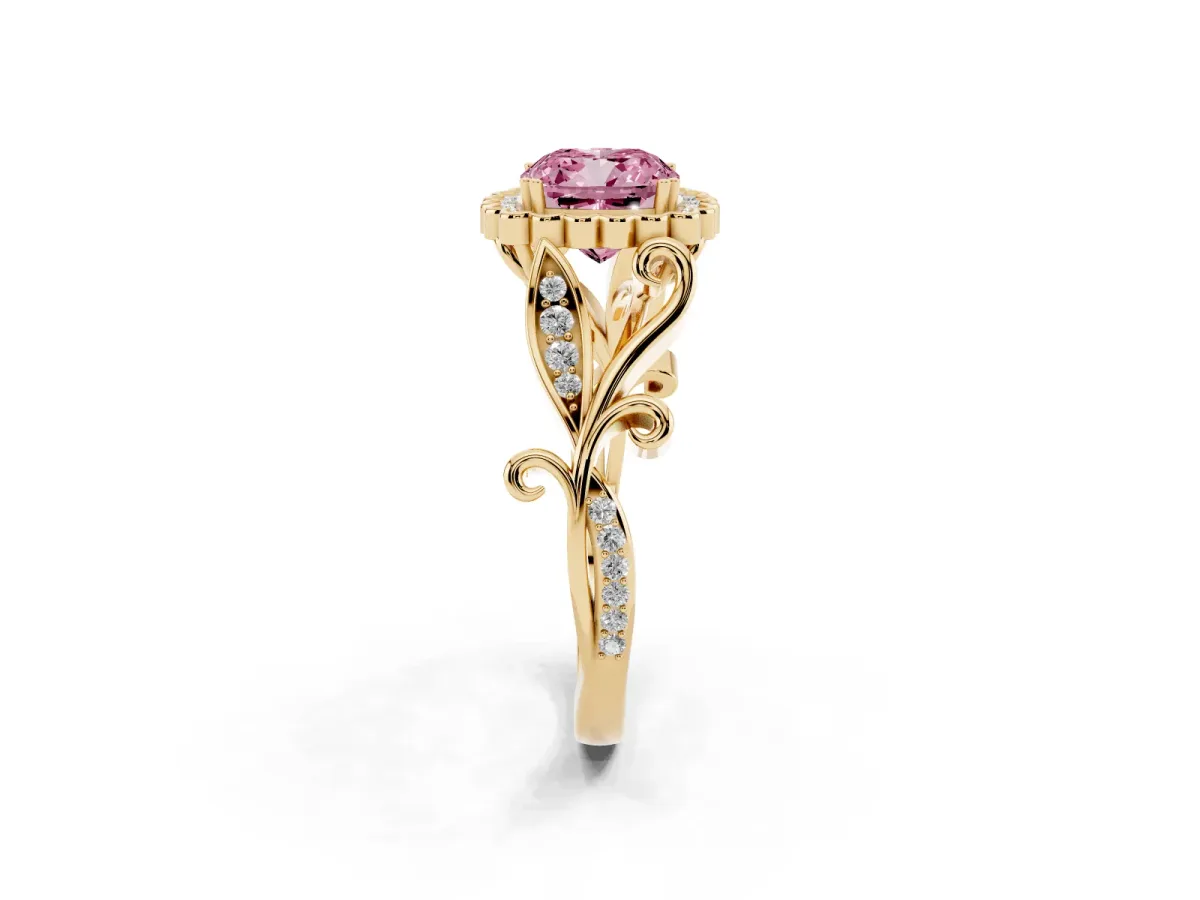 Fancy Pink Cushion Cut Diamond Halo Ring with Vintage Split Shank and Four-Prong Setting Yellow gold