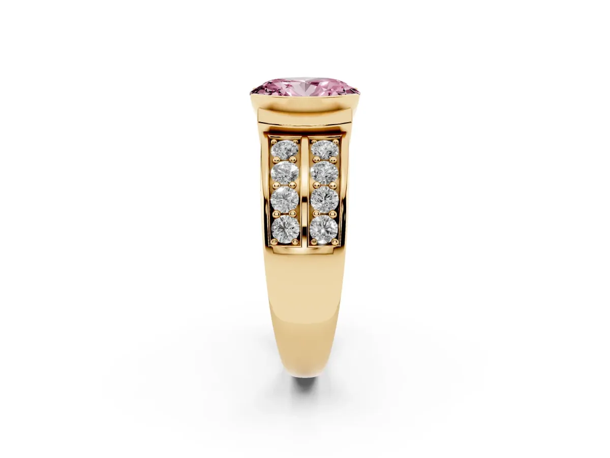 Fancy Pink Oval Cut Brilliant Diamond Channel Set Wide Band Ring with Bezel Setting Yellow gold