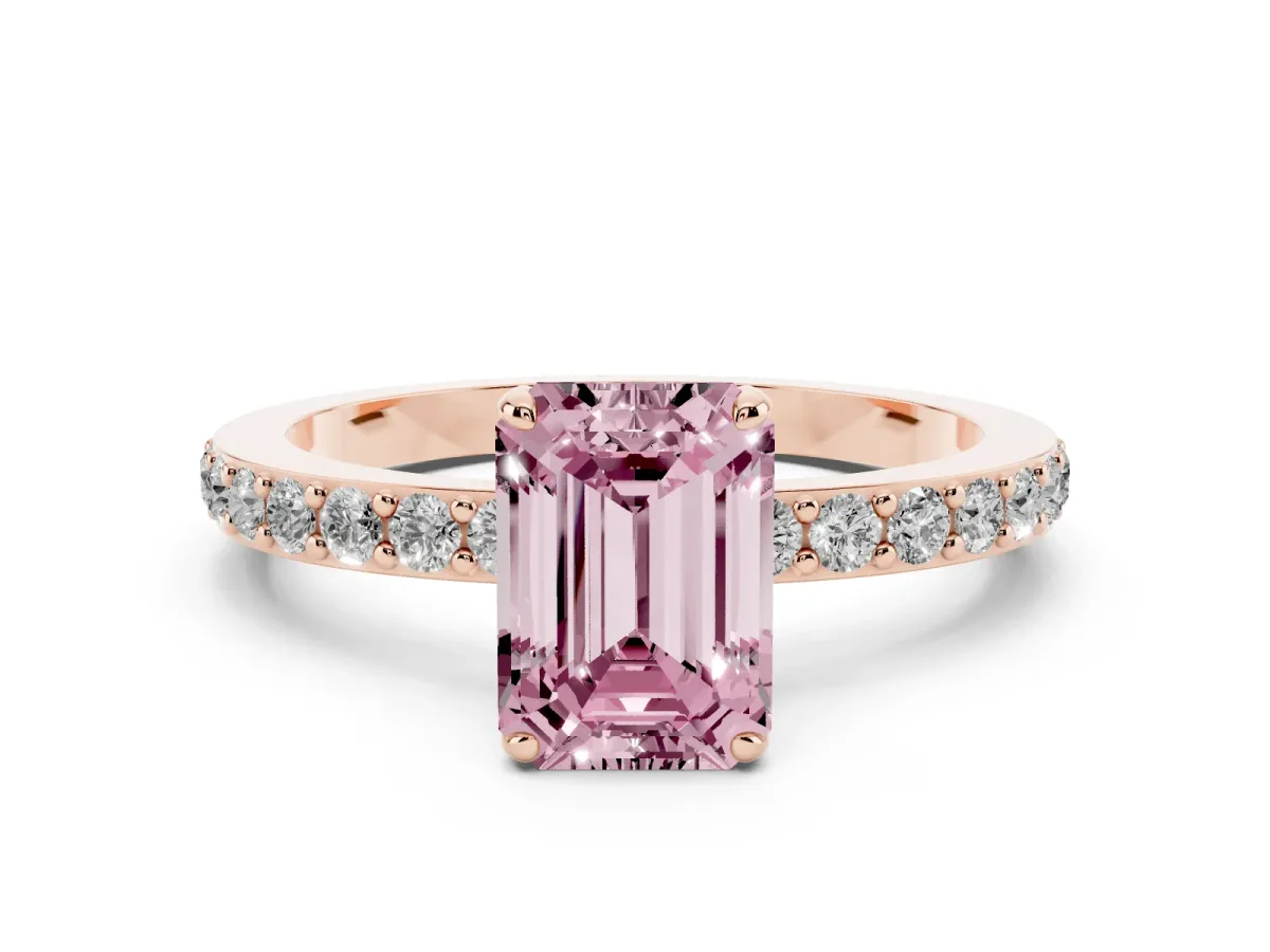Fancy Pink Emerald Cut Diamond Solitaire Engagement Ring with Pavé Band and Four-Prong Setting Rose gold
