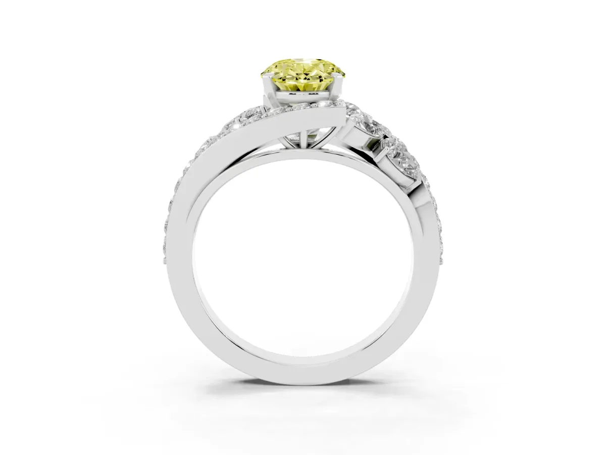 Fancy Yellow Oval Cut Diamond Halo Ring with Marquise and Pavé Band in Prong Setting Platinum