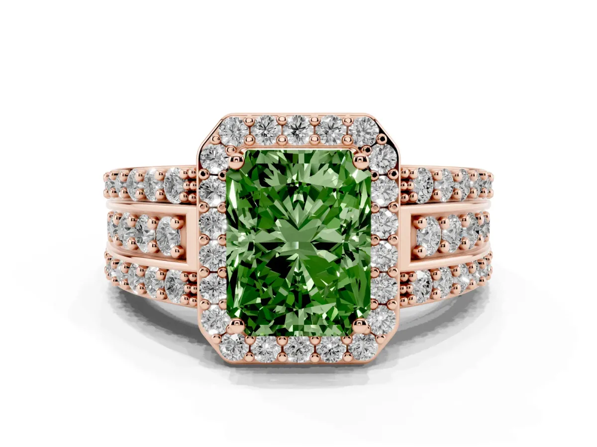 Fancy Green Radiant Cut Halo Diamond Ring with Round Split Shank and Prong Setting Rose gold