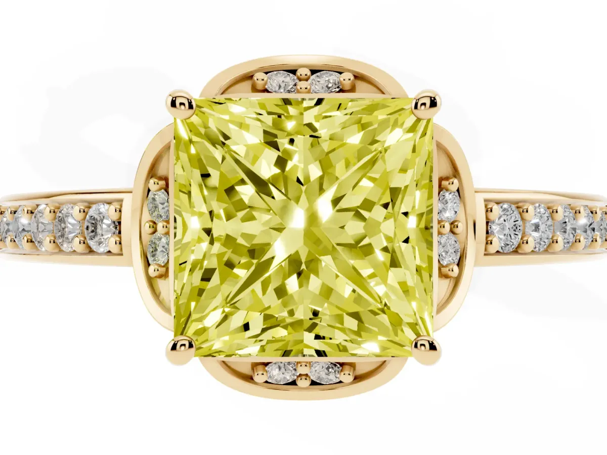 Fancy Yellow Princess Cut Cut Halo Diamond Ring with Channel Set Band and Four-Prong Setting Yellow gold
