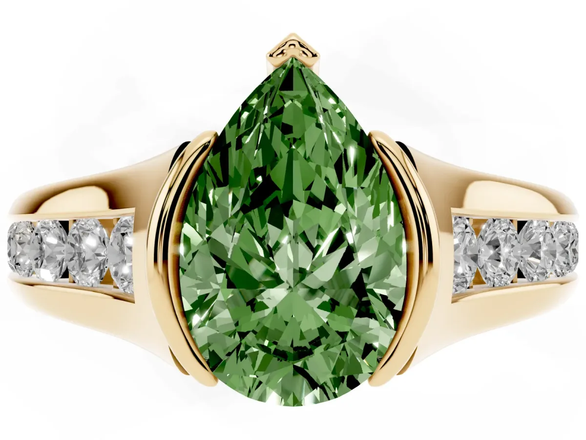 Fancy Green Pear Cut Solitaire Bezel-Set Diamond Ring with Channel-Set Band Yellow gold