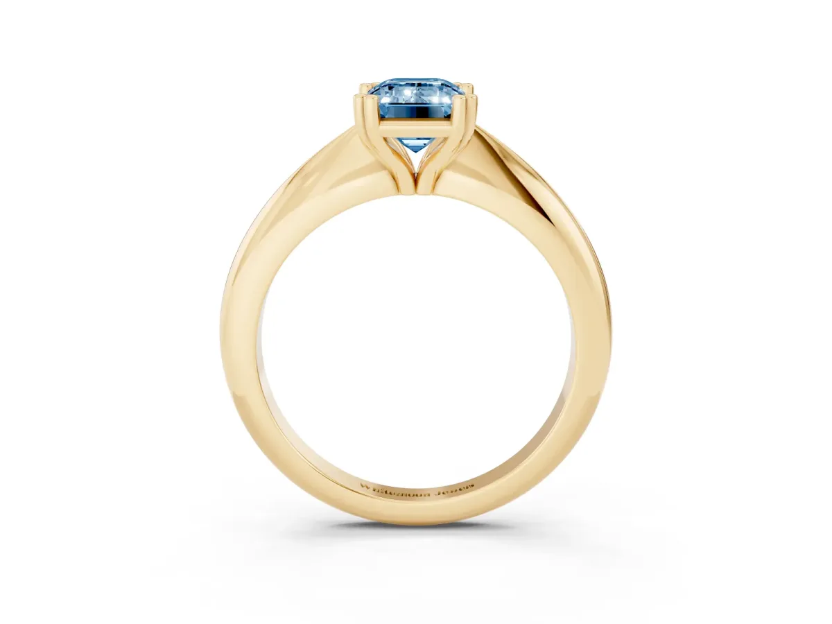 Fancy Blue Emerald Cut Cut Solitaire Engagement Ring with Tapered Band and Four-Prong Setting Yellow gold