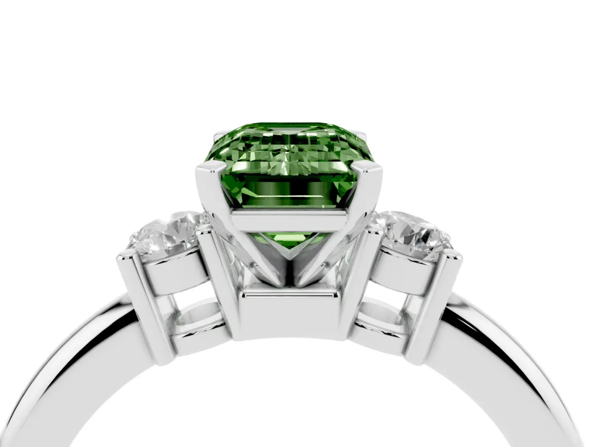Fancy Green Three-Stone Emerald Cut Cut Diamond Solitaire with Prong Setting and Classic Band Silver