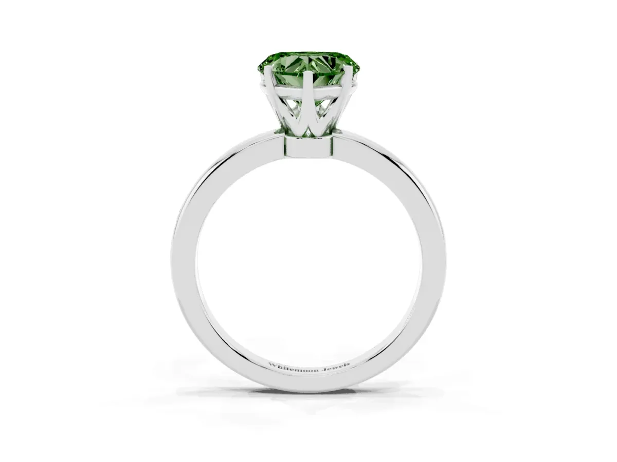 Fancy Green Heart Cut Solitaire Diamond Ring with Six-Prong Setting on a Classic Band Silver