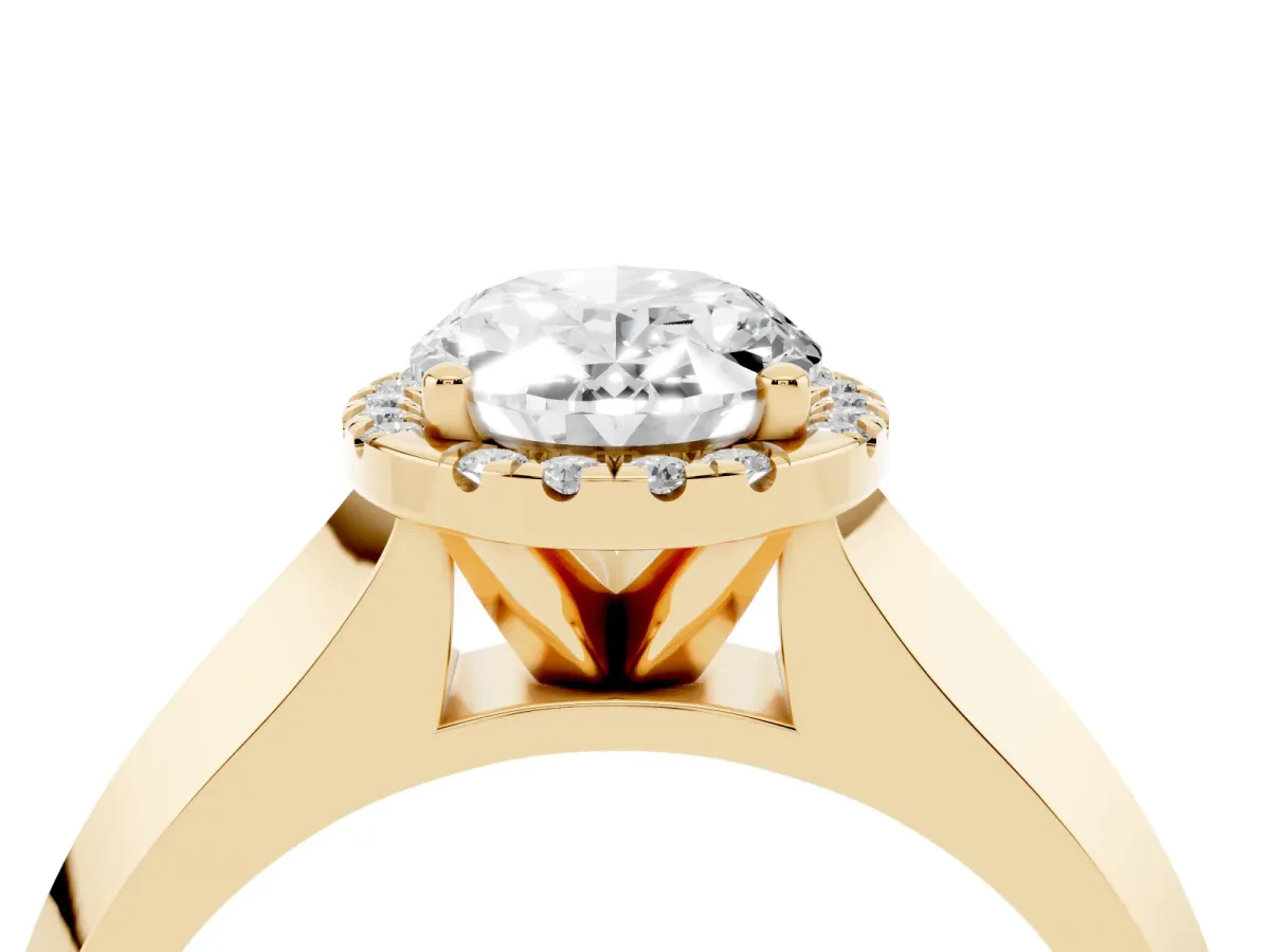 Oval Cut Halo Diamond Ring with Cathedral Band and Four-Prong Setting Yellow gold