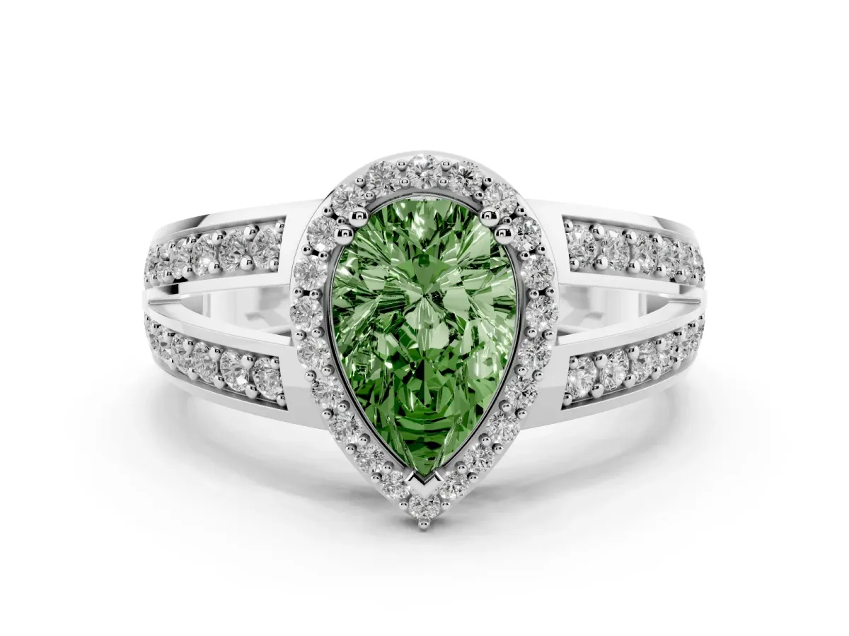 Fancy Green Pear Cut Diamond Halo Ring with Split Shank Pavé Band and Four-Prong Setting Platinum