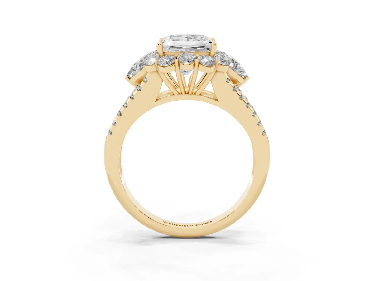 Princess Cut Halo Split Shank Diamond Engagement Ring with Prong Setting Yellow gold
