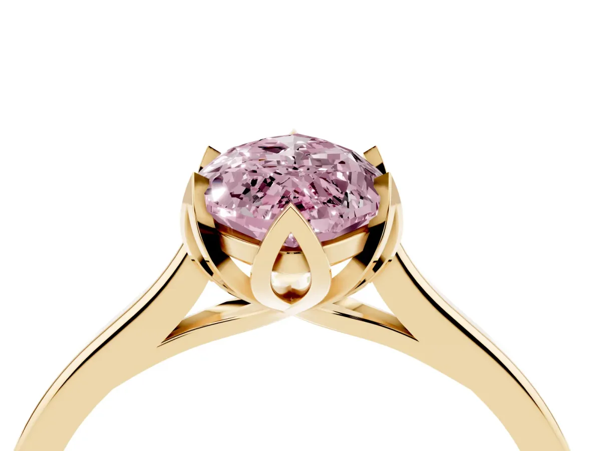 Fancy Pink Marquise Cut Diamond Solitaire Ring with Flower Prong Setting and Classic Band Yellow gold