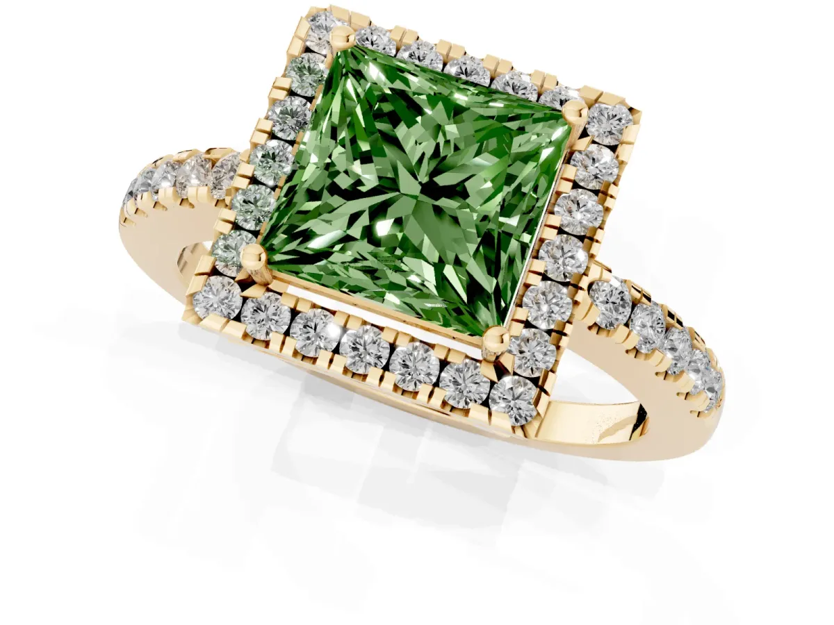 Fancy Green Princess Cut Halo Diamond Engagement Ring with Pavé Band and Four-Prong Setting Yellow gold
