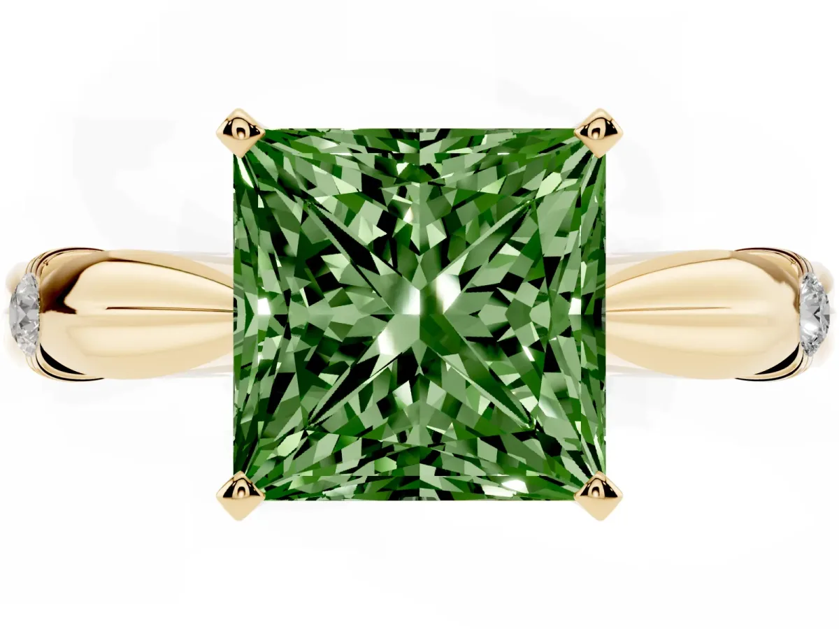 Fancy Green Princess Cut Solitaire Diamond Twisted Band with Four-Prong Setting Yellow gold