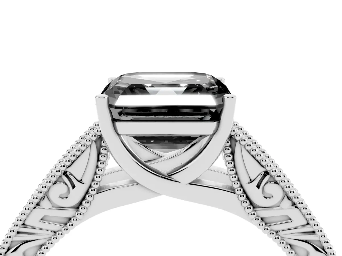 Fancy Black Asscher Cut Diamond Solitaire Ring with Engraved Band and Four-Prong Setting Platinum